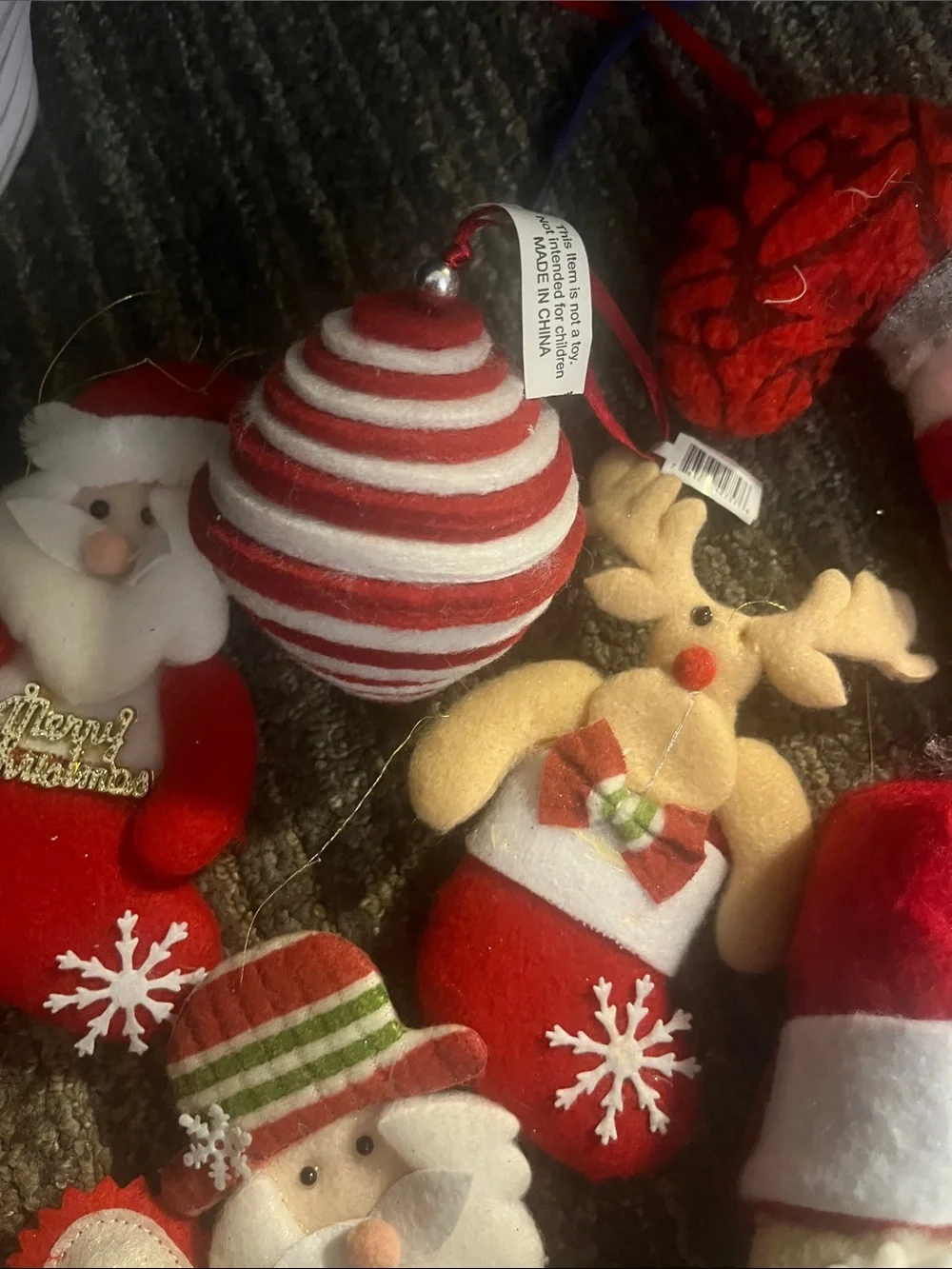 Festive Red Christmas Ornament Set - Fabric and Yarn 8pc lot 363